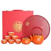 Teaware Sets Household Ceramics Red Wedding Double Happiness Tea Pot Set Teacup Porcelain Kettle Persimmon Canister Storage Container