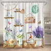 Chuveiro cortinas floral cortina primavera fazenda flor roxa borboleta wildflower rústico painel de madeira celeiro tecido poliéster decoração do banheiro conjunto