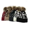 Basker Autumn Winter Tjocka hattar Solid Color Leopard Print Wool Ball Faux Fur Pom Knit Hat Skull Cap Cuff Warm Beanie