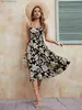 Grundläggande casual klänningar mode sommar sexig grimma blommor tryckta klänningar för kvinnor strandstil vintage a-line lös casual elegant fest midi klänning t240330