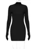 Solid Long Sleeve With Gloves Mini Dress Bodycon Sexy Streetwear Party Half Turtleneck Outfits Y2K Clothes Wholesale 240327