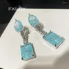 Dangle Oorbellen FXLRY Mode Gebarsten Kristal Blauw Lange Kwast Grote Zirkoon Voor Vrouwen Feest of Cadeau