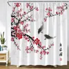 Rideaux de douche Paysage japonais Rideau Fleurs roses Arbre Montagne Lac Pavillon Encre Art Bain Polyester Tissu Salle de bain Décor