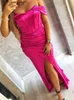 Runway Dresses Romagic Women Fuchsia Off The Shoulder Strapless Padded Backless V Neck Pleated Split Satin Stretch Wedding Party Dress Summer T240330