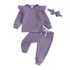 Ensembles de vêtements bébé fille tenues d'automne couleur unie col rond manches longues sweats pantalons bandeau 3 pièces ensemble de vêtements