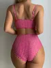 Damesbadmode Hoog getailleerde bikini 2023 dames gingham bedrukt badpak dames sexy schouderband badpak dames schort badpak J240330