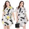 Large Size Womens Clothing Summer Mid Length Dress For Plump Girls Casual Geometric Three Quarter Sleeve Printed Shirt
