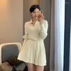 Work Dresses Spring Autumn Women Chic Knitwear Outfits Korean Lady Graceful Polo Sweater Mini Skirts 2 Piece Set Solid Short Tops Skirt