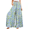 Calças femininas verão perna larga cintura alta fluindo bolsos moda casual boêmio impresso praia pantalones de muje