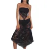 Sukienki robocze 2 -częściowe stroje Sheer wiązanie kwiatowych koronkowych topów i elastycznych spódnicy letnia streetwear estetyczna ubrania estetyczne