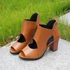 Sandalen Damen Vintage Einfarbiges Leder Offene Zehenschuhe Reißverschluss Hinten Chunky High Heel Sommer Fischmaul