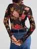 Magliette da donna Moda Donna Slim Mesh Top Stampa floreale Manica lunga Collo alto T-shirt con lattuga per la primavera Estate Amichevole per la pelle