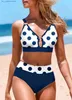 Kadın Mayo Yeni Yaz Kadınları Mavi Polka Dot Baskılı Tank Top Bikini İki Parçalı Mayo Dantel Yukarı Seksi Plaj Seti S-5XL T240330