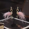 Dangle Earrings 2024 Gold Color Bird Drop For Women Korean Style Pink Feather Rhinestone Fashion Jewelry Accessories