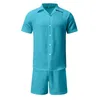 Hawaiian Mens Summer Polo Collar Cotton Linne Tvåbit Set Solid Short Sleeve Shirt Shorts Fashion Suit 240320