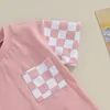 Set di abbigliamento Abiti estivi per bambine Completi a scacchiera Patchwork Girocollo T-shirt a maniche corte e pantaloncini elastici in vita