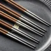 Kitchen Storage 5 Pairs Chicken Wing Wooden Handle Chopsticks Chinese Style 304 Stainless Steel