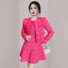 Abiti da lavoro Autunno Inverno Rosa Rosso Tweed Nappa Cappotto corto Abito per donne eleganti O Collo Senza maniche Canotta Mini abito di lana Set due pezzi