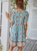 Grundläggande avslappnade klänningar blommor puff slve sommarklänning kvinnor avslappnad lös ruffle boho semester strand sundress grn vintage elegant snörning miniklänningar t240330