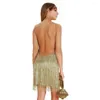 Casual Dresses Backless Latin Dance Dress V-ringen Kort elegant med Shiny Tassel Fringe Spaghetti för Women Club