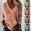 Damen Blusen Loose Fit T-Shirt Herbst Vintage Muster Pullover Tops V-Ausschnitt Sweatshirt für Casual Streetwear 3 Jahre