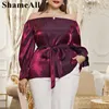 Plus la taille des femmes de l'épaule Peplum Ruffle Chiff Blouse 4XL femmes élégantes Lg Flare manches ceinturées tuniques métalliques chemises L8n5 #