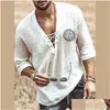 Mens Casual Shirts Renaissance Medieval Cosplay Halloween Costume Men Shirt V Neck Lace Up Vintage Half Sleeve Linen Blouse Drop Deliv Dhs7Y