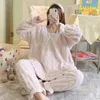 Women's Sleepwear Coral Velvet Pajama Set Winter Fleece Thick For Sleeping Solid Wamr Pullover Long Sleeves Lace Night-clothes