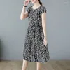 Casual Kleider Floral Plissee A Linie Langes Kleid Frauen Sommer Kurzarm Hohe Taille Chic Knielangen Rock Büro LadyVintage