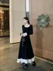 Robes décontractées GkyocQ Français Élégant Femmes Robe Simple O Cou À Manches Longues Taille Haute Slim Une Ligne Noir Volants Épissés Robes