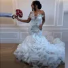 Luksusowy syrena ślubna Dres Ruffles Dno Vestidos de novia czarne dziewczyny z koraliki kryształy aso ebi ebi brodal dr h9ca#