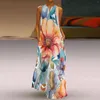 Robes décontractées Tempérament Maxi Robe Été Pour Femmes Plus Taille Col V Lâche Élégant Longue Sans Manches Split Beach Floral