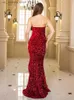 Basic Casual Dresses Sexy Strapless Sequin Floor Length Party Dress Front Slit Backless Padded Bodycon Mermaid Maxi Dress Red Black T240330