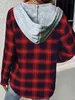 plus Size Women's Plaid Print Lg Sleeve Drawstring Hooded Butt Up Casual Blouse y2ND#