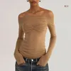 Damen-T-Shirts, sexy schulterfreies, durchsichtiges Netz-Langarm-T-Shirt mit gerüschter Vorderseite, einfarbig, durchsichtig, figurbetonte Blusen, bauchfreies Oberteil