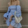 Feestjurken 2024 Zomer Vrouwen Korte Zoete Backless Jurk Ruche Slash Hals Blauw Wit Plaid Elegante Koreaanse Stijl Club Mini