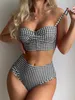 Damesbadmode Hoog getailleerde bikini 2023 dames gingham bedrukt badpak dames sexy schouderband badpak dames schort badpak J240330