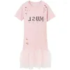 Casual Dresses Pink Sweet Loose T-shirt Dress 2024 Spring And Summer Round Neck Short-sleeved Mesh Splicing Midi For Pregnant Women