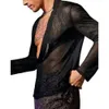 New Men's Transparent Mesh Shirt V-neck Button Long Sleeved Muscle T-shirt Cardigan Top