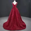 Robes de soirée paillettes vin rouge bal col en v Spaghetti sangle haut-bas sans manches à volants à lacets dos nu robes de soirée 2024