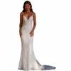 Parfait exquis blanc sirène mariage Dr pour femme sexy plage dentelle bretelles spaghetti col en V robes de mariée sur mesure 2024 Z73y #