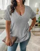 Europeu e americano Cross Border Plus Size Mulheres V Neck Listrado Tops Camisetas q3Ty #