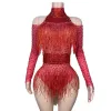 Red Rhinestes fransade bodysuit kvinnor gogo dans rave outfit dj ds scen jazzkläder klubbkläder drag drottning kostymer r1fl#