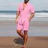 Mens Casual Hawaii Suits Fashion Handsome Solid Color Shirt Beach Shorts 2 Piece Sets Summer Holiday Vacation Seaside Wear 240325