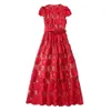 XXL Red Mid Length Skirt 2023 Autumn New Round Neck Bag Shoulder Water Soluble Hook Flower Dress For Women 607670