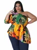 waterarea Plus Size Women Leaf Printed One Shoulder One Sleeve Skew Neck with Ses Irregular T-shirt 2023 E0Xm#