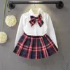 LG Sleeve Girls School Uniform Korean Style Studentdräkt Barn veckad skjorta med rutig kjolskolans prestanda kostym 45C2#