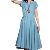 Party Dresses INBOX Summer Drawstring Woman Light Blue Short Sleeve Midi Swing Tunic Dess Pocket Solid Ladies Simple Dress