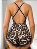 Sexy conjunto quente leopardo impressão renda guarnição macacão profundo v bodysuit criss cruz sem costas onesie feminino lingerie sexy roupa interior y240329