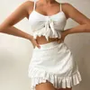 Costume da bagno da donna Bikini da donna con gonna in tessuto elastico tre pezzi con volant sull'orlo a vita alta per abbigliamento da spiaggia